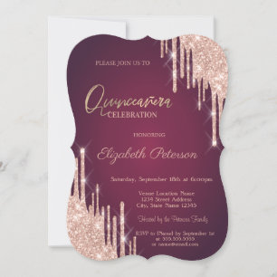 Invitation Rose Gold Paillettes Gouttes Bourgogne Quinceanera