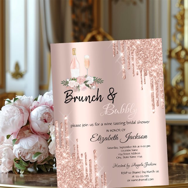 Invitation Rose Gold Paillettes Gouttes Mariage à Bubbly  (Créateur téléchargé)