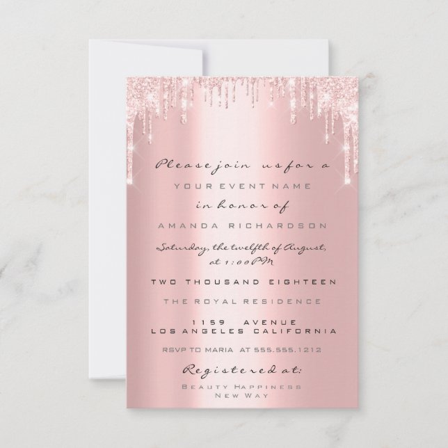Invitation Rose Gold Paillettes Gouttes Mariage Douce 16ème (Devant)