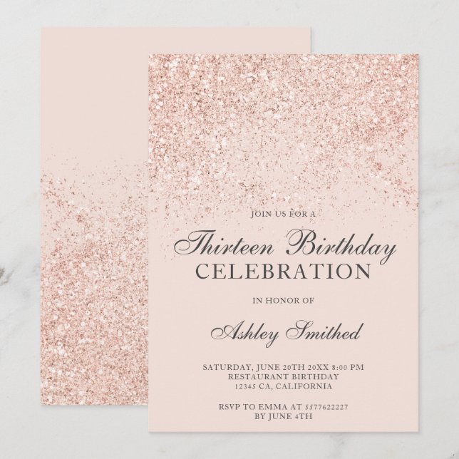 Invitation Rose gold paillettes scintillent blush treize (Devant / Derrière)