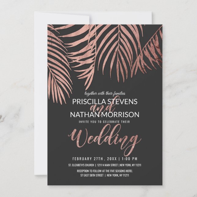 Invitation Rose Gold Palm Tree Frances Noir moderne Mariage (Devant)