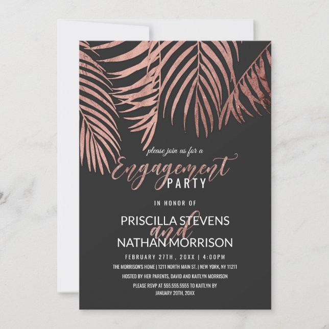 Invitation Rose Gold Palm Tree Fronds Black Modern Fiançaille (Devant)