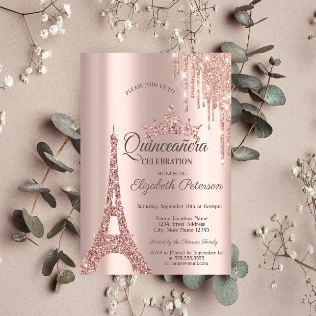 Invitation Rose Gold Paris Tour Eiffel, Drives Quinceañera (Créateur téléchargé)