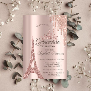 Invitation Rose Gold Paris Tour Eiffel,Gouttes Quinceañera