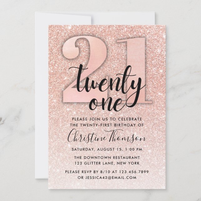 Invitation Rose Gold Parties scintillant 21ème anniversaire I (Devant)
