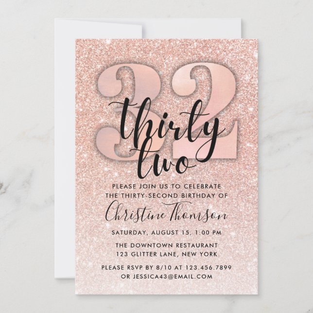 Invitation Rose Gold Parties scintillant 32ème anniversaire I (Devant)