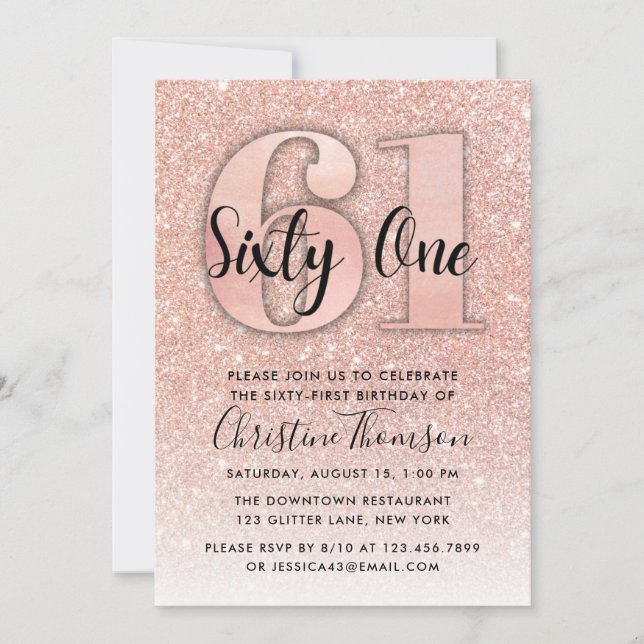 Invitation Rose Gold Parties scintillant 61ème anniversaire I (Devant)