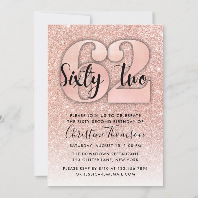 Invitation Rose Gold Parties scintillant 62ème anniversaire I (Devant)