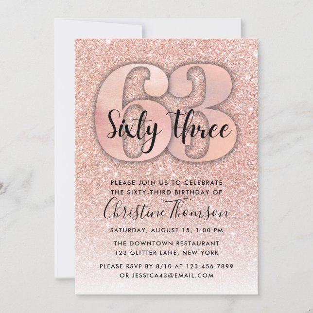 Invitation Rose Gold Parties scintillant 63ème anniversaire I (Devant)