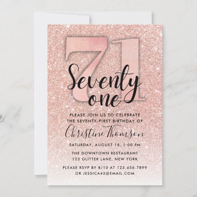 Invitation Rose Gold Parties scintillant 71ème anniversaire I (Devant)