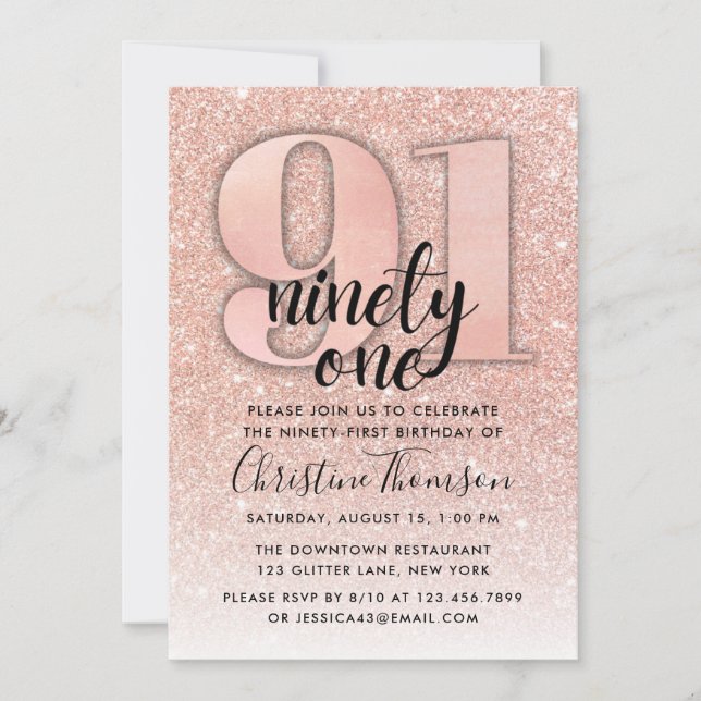 Invitation Rose Gold Parties scintillant 91ème anniversaire I (Devant)