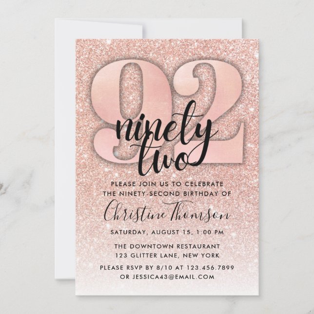 Invitation Rose Gold Parties scintillant 92ème anniversaire I (Devant)