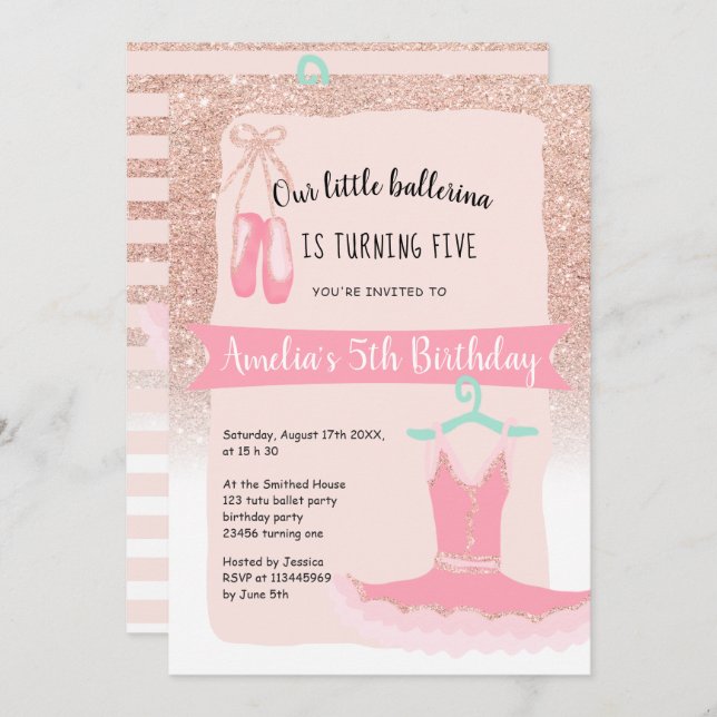 Invitation Rose Gold parties scintillant ballerina tutu 5e an (Devant / Derrière)