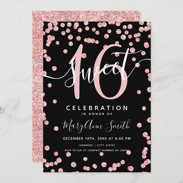 Invitation Rose Gold Parties scintillant Confetti 16e anniver (Devant / Derrière)