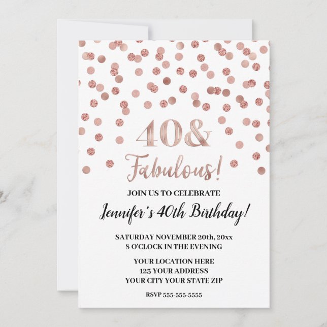 Invitation Rose Gold Parties scintillant Confetti 40 et fabul (Dos)