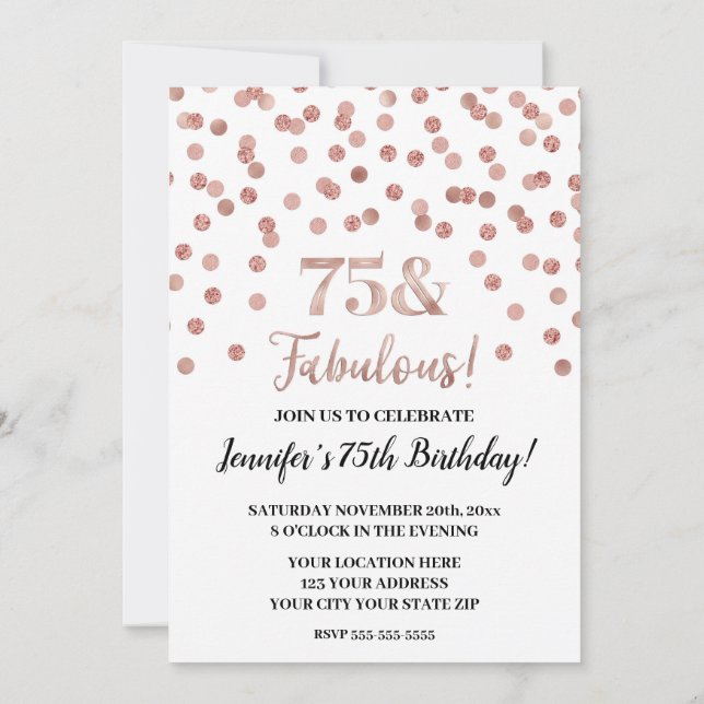 Invitation Rose Gold Parties scintillant Confetti 75 et Fabul (Dos)