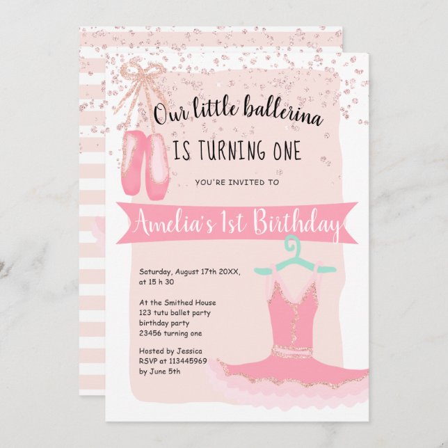 Invitation Rose Gold parties scintillant confetti ballerine 1 (Devant / Derrière)