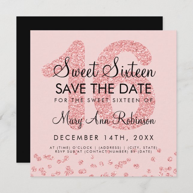 Invitation Rose Gold Parties scintillant Confetti Sweet 16 En (Devant / Derrière)