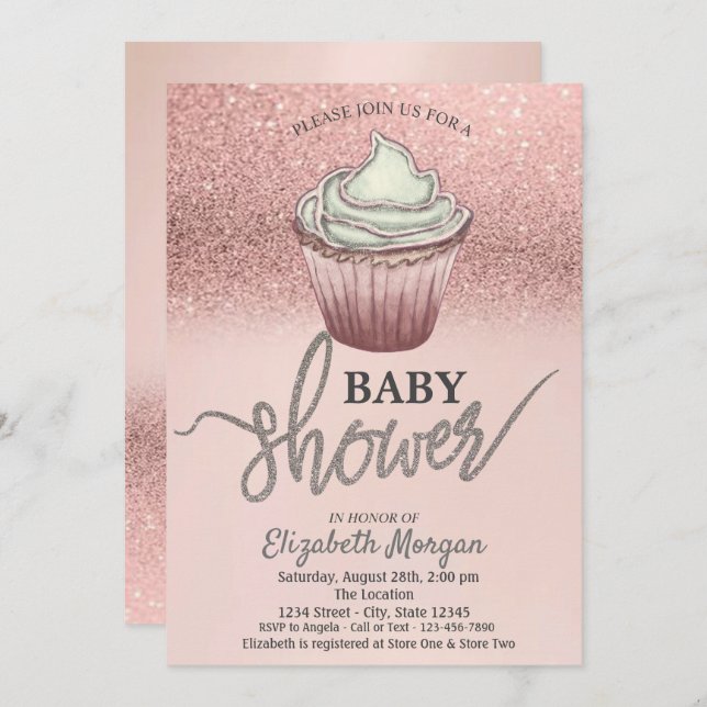 Invitation Rose Gold Parties scintillant Cupcake (Devant / Derrière)