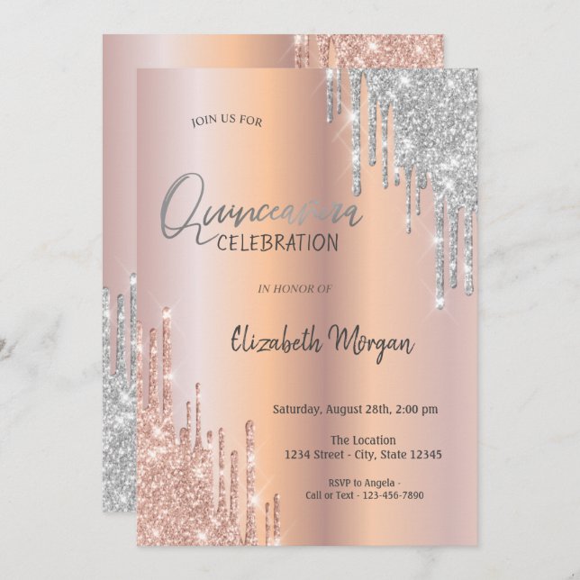 Invitation Rose Gold Parties scintillant d'argent  Quinceañer (Devant / Derrière)