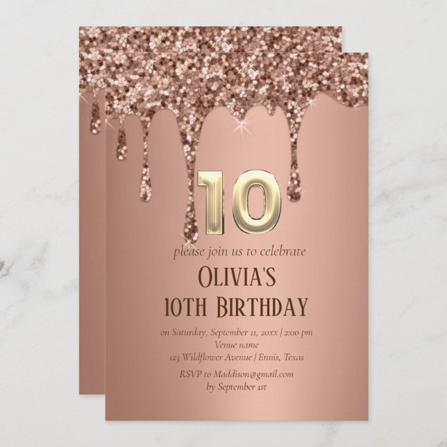 Invitation Rose Gold Parties scintillant Drip Girl Girly 10e  (Devant / Derrière)