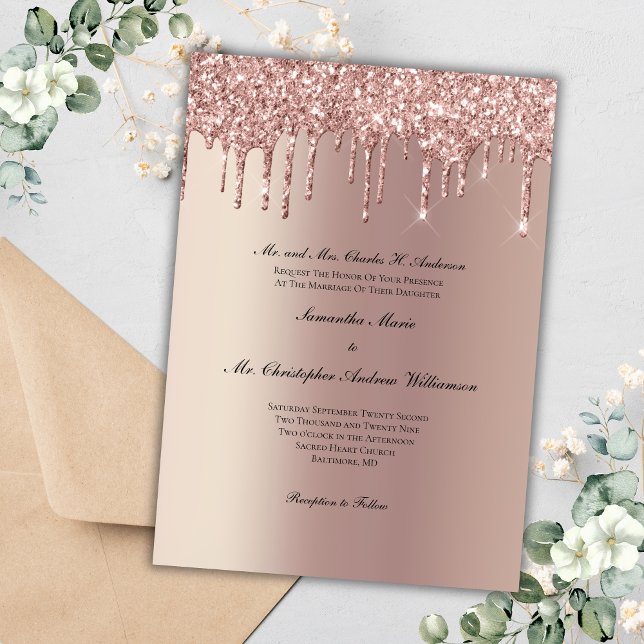 Invitation Rose Gold Parties scintillant Drip tendance mariag (Rose Gold Dripping Glitter Trendy Modern Glam Bling Wedding Invitation)