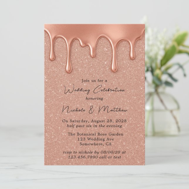 Invitation Rose Gold Parties scintillant & Drips Mariage Célé (Debout devant)