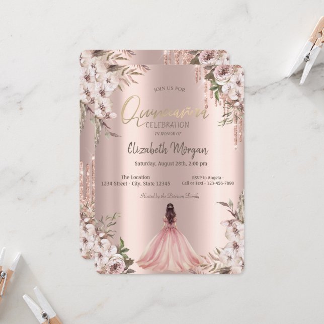 Invitation Rose Gold Parties scintillant Drips Princess Dress (Devant/Arrière en situation)