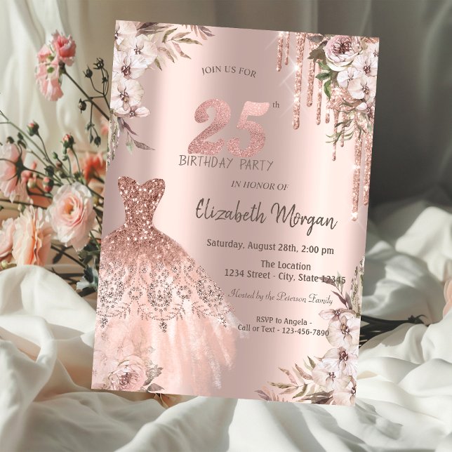 Invitation Rose Gold Parties scintillant Drips robe Floral 25 (Créateur téléchargé)