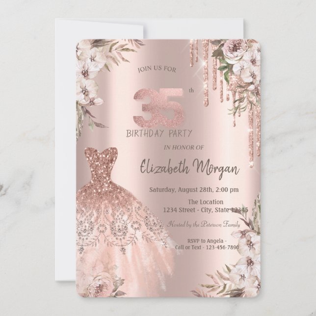 Invitation Rose Gold Parties scintillant Drips robe Floral 35 (Devant)