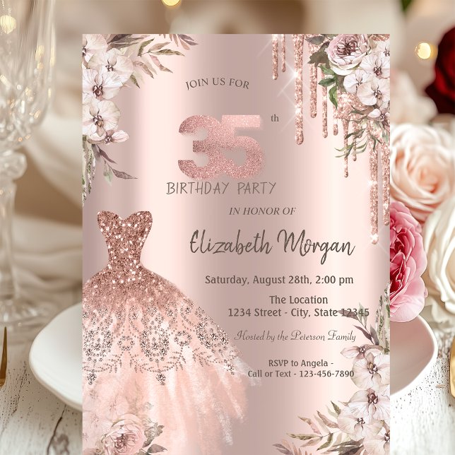 Invitation Rose Gold Parties scintillant Drips robe Floral 35 (Créateur téléchargé)