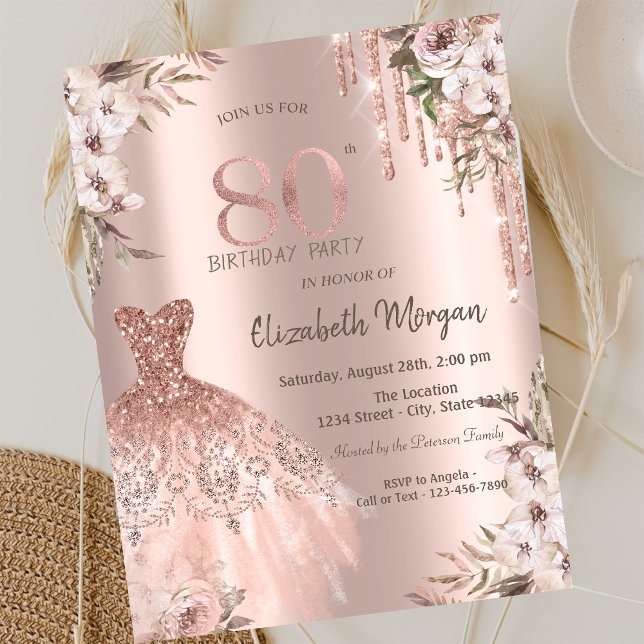 Invitation Rose Gold Parties scintillant Drips robe Floral 80 (Créateur téléchargé)