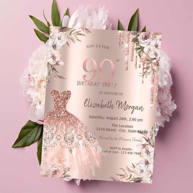 Invitation Rose Gold Parties scintillant Drips robe Floral 90 (Créateur téléchargé)