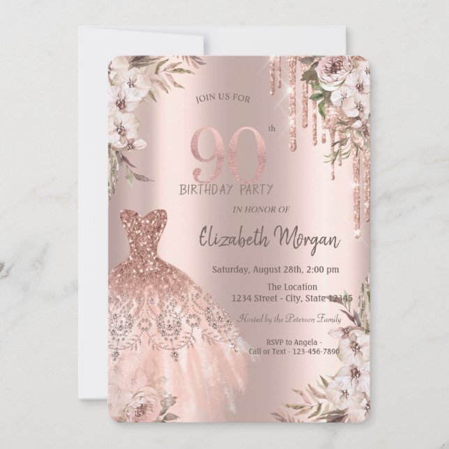 Invitation Rose Gold Parties scintillant Drips robe Floral 90 (Devant)