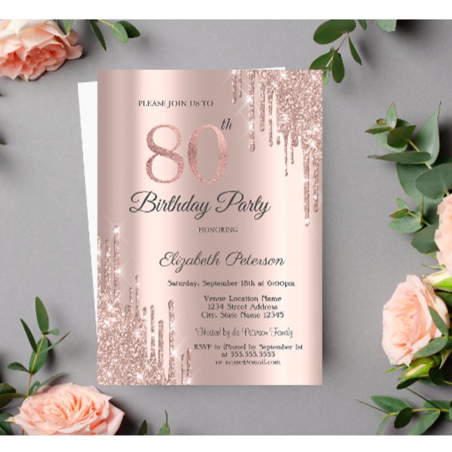 Invitation Rose Gold Parties scintillant Drips Rose Gold 80e  (Créateur téléchargé)