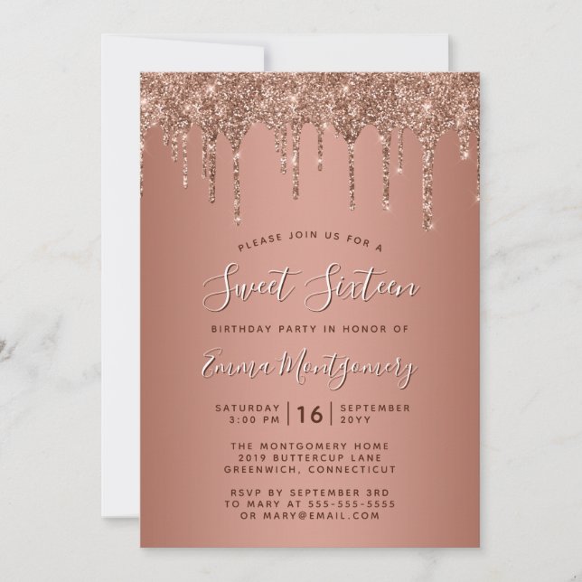 Invitation Rose Gold Parties scintillant Drips Sweet 16 Anniv (Devant)