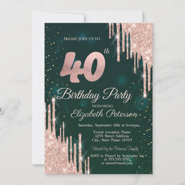 Invitation Rose Gold Parties scintillant Drips Vert 40e fête  (Devant)
