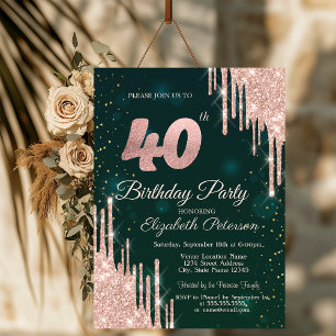 Invitation Rose Gold Parties scintillant Drips Vert 40e fête 