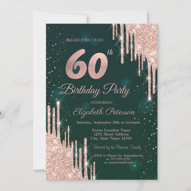 Invitation Rose Gold Parties scintillant Drips Vert 60e anniv (Devant)