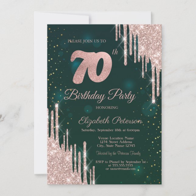 Invitation Rose Gold Parties scintillant Drips Vert 70e anniv (Devant)