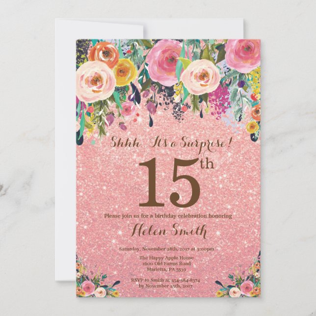 Invitation Rose Gold Parties scintillant Floral Surprise 15e  (Devant)