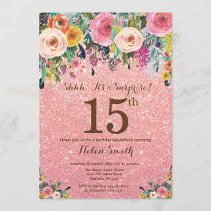Invitation Rose Gold Parties scintillant Floral Surprise 15e