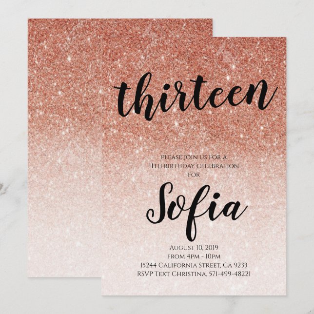 Invitation Rose Gold Parties scintillant Girl Ado Birthday Pa (Devant / Derrière)