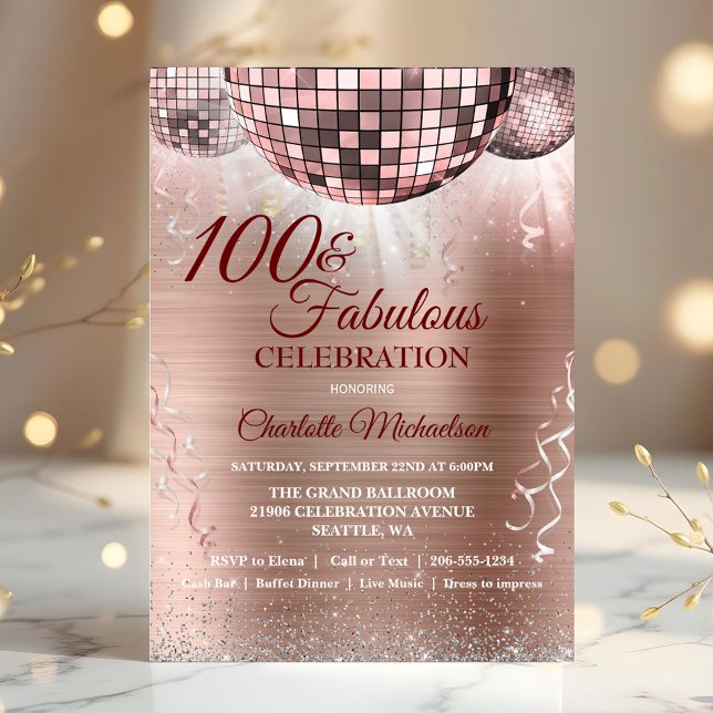 Invitation Rose Gold Parties scintillant Glam 100e anniversai (Rose Gold Glitter Glam 100th Birthday Disco Ball Invitation)