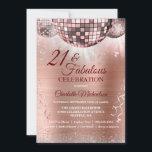 Invitation Rose Gold Parties scintillant Glam 21ème anniversa<br><div class="desc">Vous serez la sonnette du ballon avec cette rose tendance or 21 et Fabulous Celebration invitation! Des boules de discothèque rose vif brillent sur un arrière - plan métallique brossé or rose avec des serpentins et de la parties scintillant en argent. Facile à personnaliser avec des options personnalisées. Utilisez le...</div>