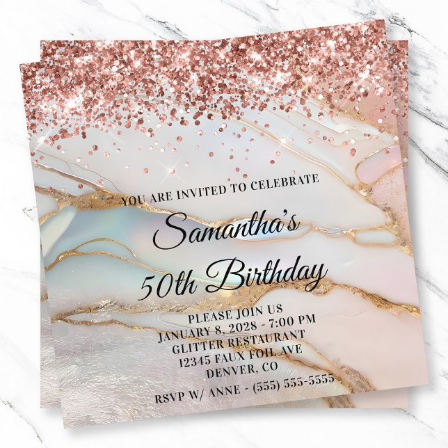 Invitation Rose Gold Parties scintillant Marbled Opal 50e ann (Rose Gold Glitter Marbled Opal 50th Birthday Invitation)