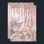 Invitation Rose Gold Parties scintillant métallique Drips Pho<br><div class="desc">Cette invitation à la fête d'anniversaire de sweet sixteen photo girly et glamour est parfaite pour une fille élégante et branchée. Il présente des gouttes de parties scintillant d'or brillant imbriquée rose sur le dessus d'un rose rose clair or brossé dégradé métallique sombre et arrière - plan d'image. La typographie...</div>