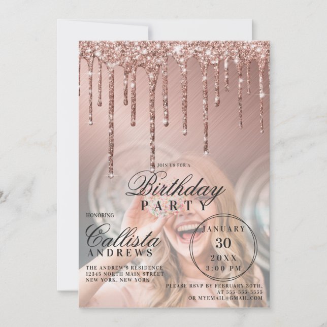 Invitation Rose Gold Parties scintillant métallique perches p (Devant)