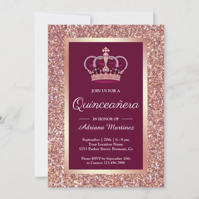 Invitation Rose Gold Parties scintillant Princesse Couronne r (Devant)