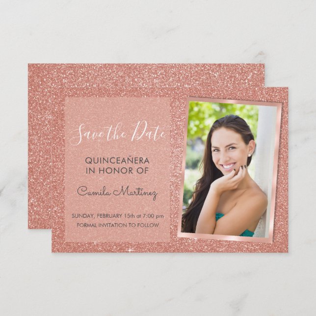Invitation Rose Gold Parties scintillant Quinceanera Enregist (Devant / Derrière)
